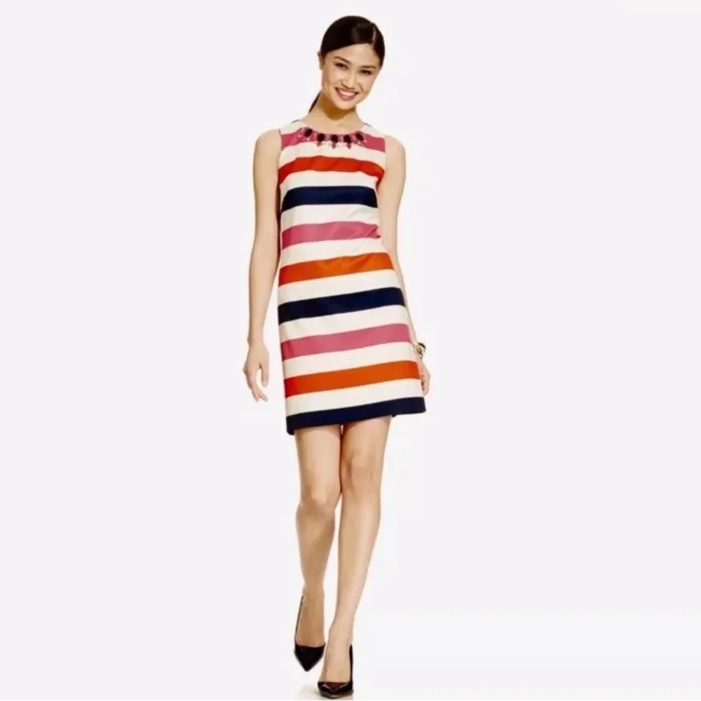 Vince Camuto Jewel-neck Multicolor Striped Shift Dress Size 8